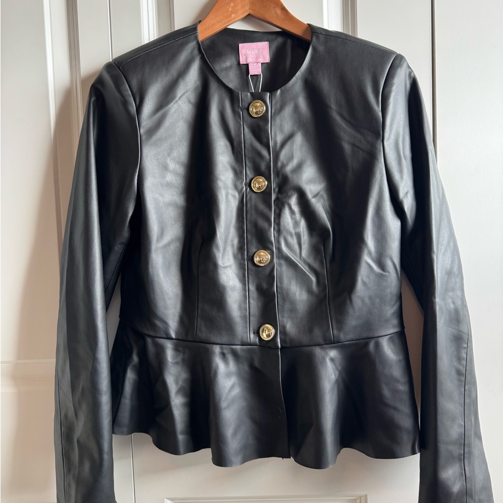 Muse Black Faux Leather Peplum Blazer with Gold Buttons
